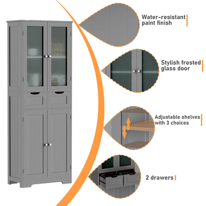 Joywind Gray Freestanding Bathroom Storage Cabinet with Glass Doors - 67" Tall Linen Organizer with 2 Drawers & Adjustable Shelves, for Bathroom, Kitchen, Living Room, Office Storage