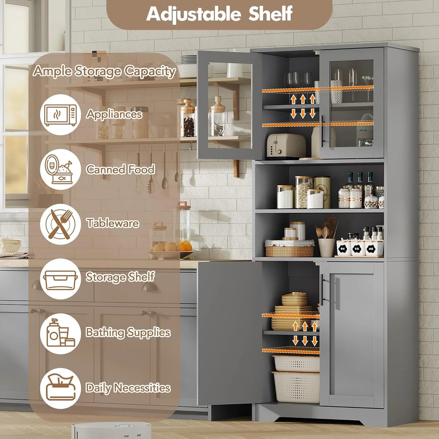 Studyset Tall Bathroom Cabinet, Freestanding Bathroom Storage Cabinet with Glass Doors and Adjustable Shelves, 67" Cupboard Modern Storage Cabinet for Kitchen, Pantry, Living Room