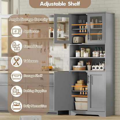 Studyset Tall Bathroom Cabinet, Freestanding Bathroom Storage Cabinet with Glass Doors and Adjustable Shelves, 67" Cupboard Modern Storage Cabinet for Kitchen, Pantry, Living Room