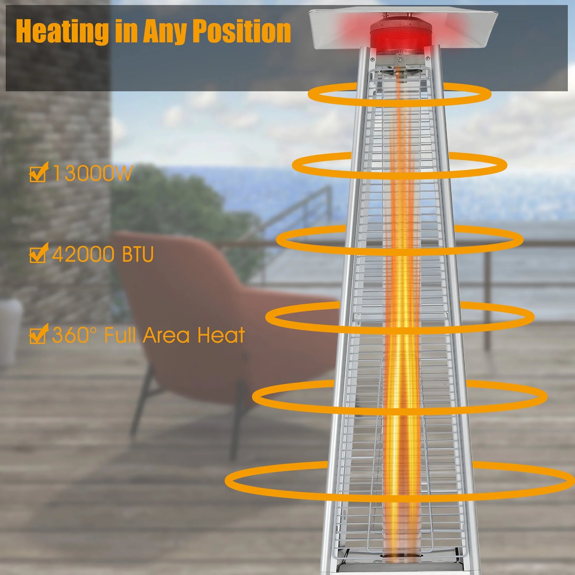 Costway 90'' Tall Pyramid Patio Heater Quartz Glass Tube Flame Heating 42000 BTU W/Wheel