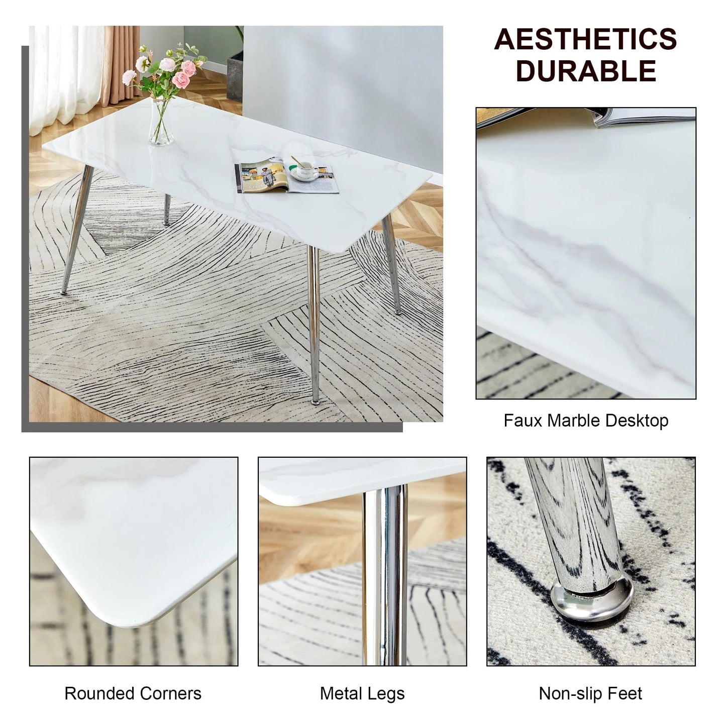 PWOPWOE Modern Minimalist Rectangular Glass Dining Table with 0.4 "White Imitation Marble Glass Sticker Desktop And Silver Metal Legs, suitable for Kitchens, Restaurants, And Living Rooms63"*35.4"*30"