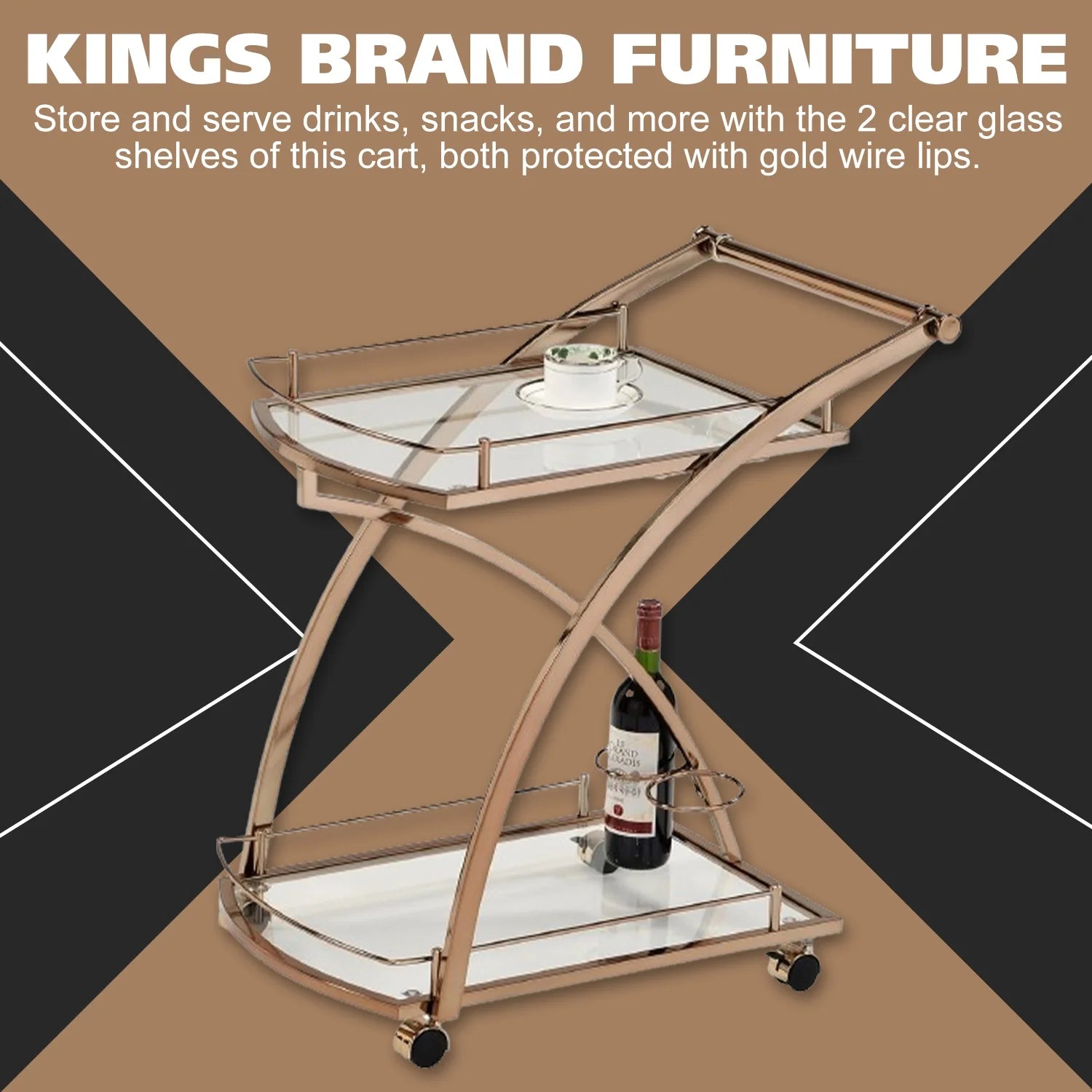 Kings Brand Furniture Metal Rolling Bar Kitchen Serving Cart with 2 Glass Shelves and Wine Holders, Gold