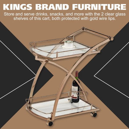 Kings Brand Furniture Metal Rolling Bar Kitchen Serving Cart with 2 Glass Shelves and Wine Holders, Gold