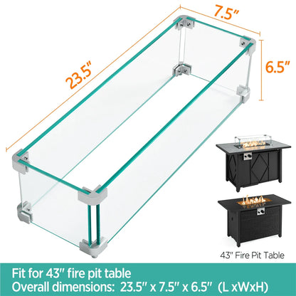 SmileMart 23.5" L x 7.5" W Rectangle Tempered Glass Wind Guard for Fire Pit Table, Clear