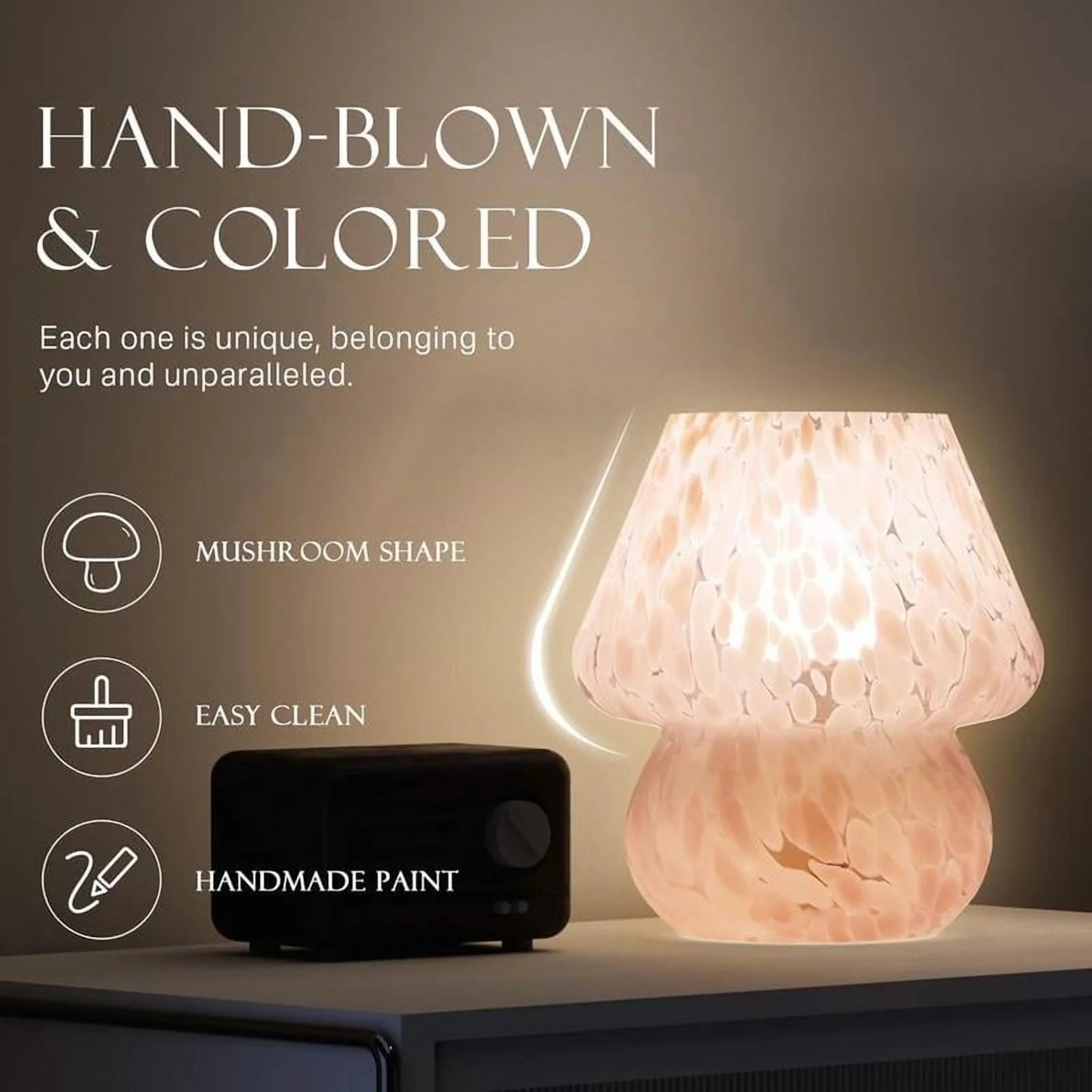 Aesthetic Design Translucent Vintage Glass Desk Lamp for Living Room, Bedroom, Office - Dimmable Small Pink Mushroom Table Lamp