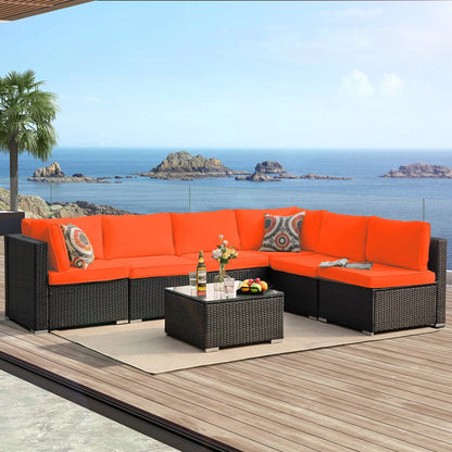 ESSENTIAL LOUNGER 7 Pieces Patio Conversation Set, Outdoor Sectional Sofa PE Rattan Wicker Patio Furniture Set with Cushion and Tempered Glass Table for Patio, Garden& Poolside, Orange
