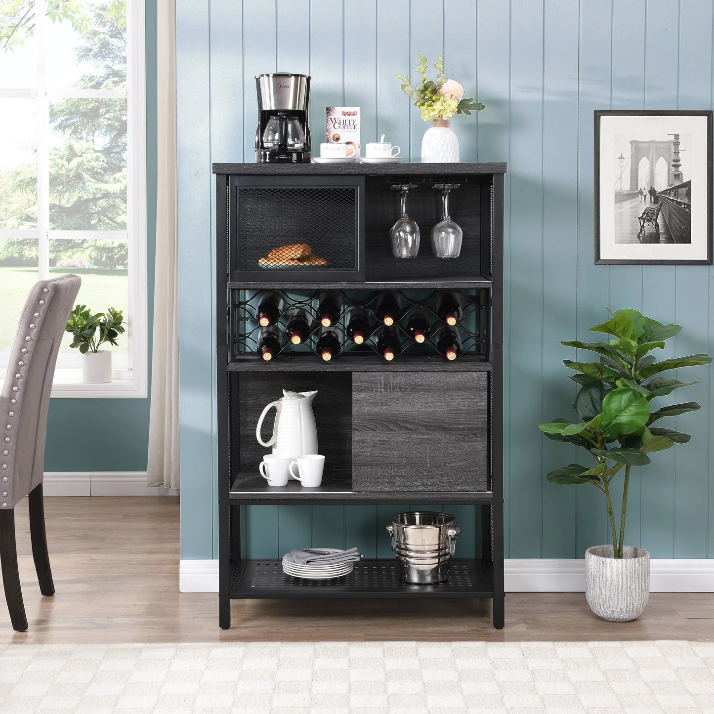 Industrial Bar Cabinet with Wine Rack, Rustic Wine Cabinet for Liquor and Glasses, Farmhouse Coffee Bar Cabinet with Storage, Rustic Buffet and Sideboard for Dining Room, Living Room, Kitchen, L0153