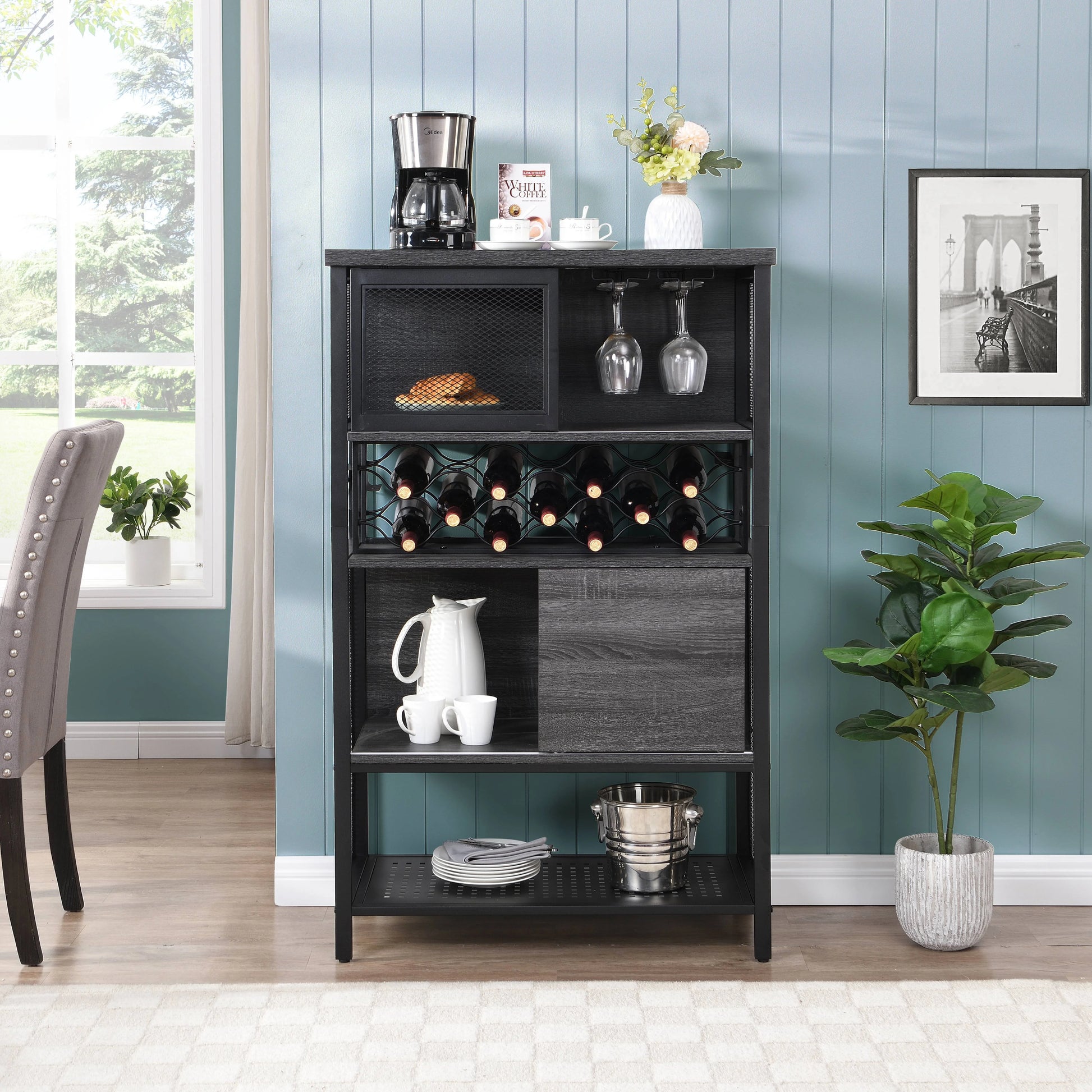 Industrial Bar Cabinet with Wine Rack, Rustic Wine Cabinet for Liquor and Glasses, Farmhouse Coffee Bar Cabinet with Storage, Rustic Buffet and Sideboard for Dining Room, Living Room, Kitchen, L0153