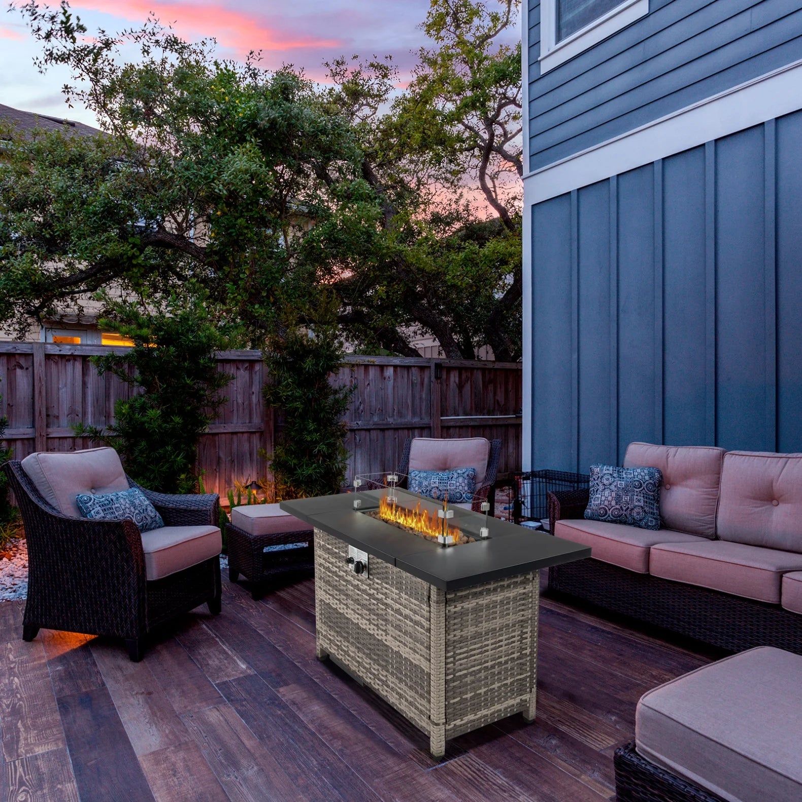 43 in Propane Fire Pit Table, 50,000 BTU Auto-Ignition Fire Pit Table, Gas Fire Pits for Outside with Glass Stone and Waterproof Cover, Grey Rattan, CSA Certification for Garden/Patio/Backyard
