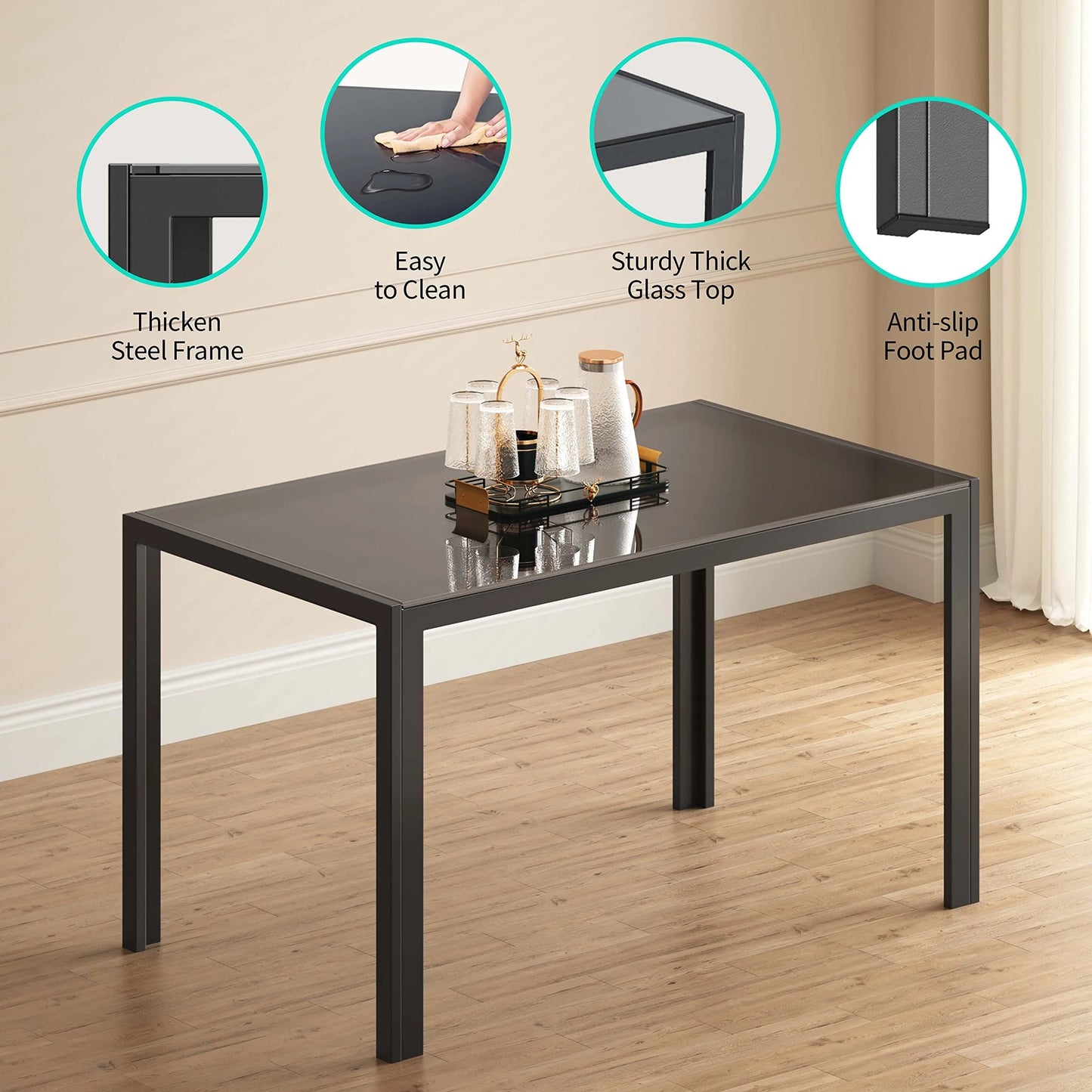Lofka Glass Dining Table Set for 4, Dining Room Sets with 4 Back Support Chairs for Dinner, Black