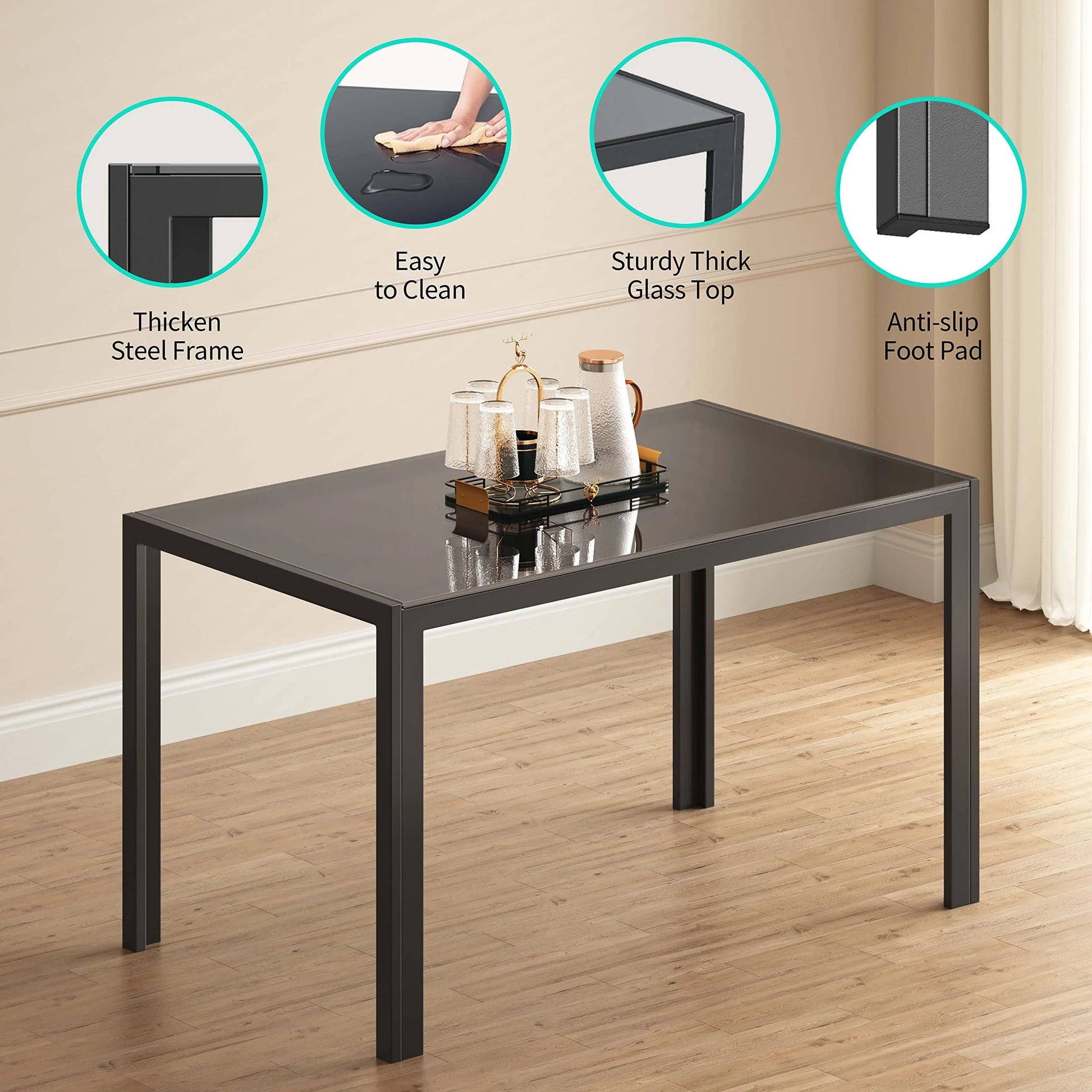 Lofka Glass Dining Table Set for 4, Dining Room Sets with 4 Back Support Chairs for Dinner, Black