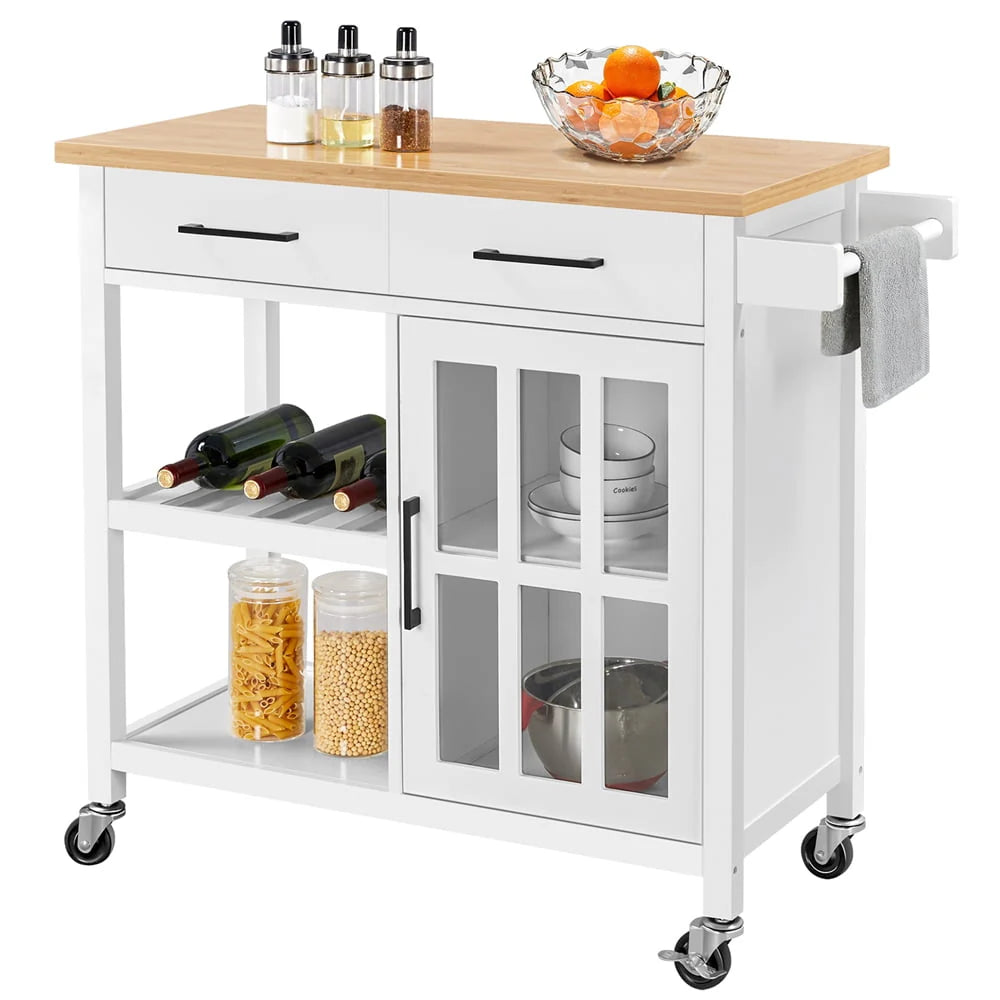 Topeakmart Rolling Kitchen Cart with Bamboo Top & Storage & Tempered Glass Cabinet Door White