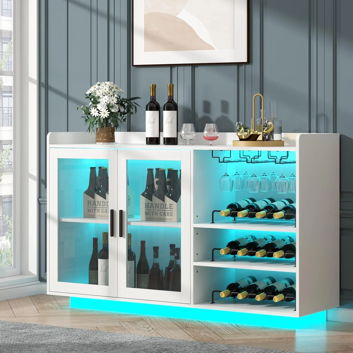 Wine Bar Cabinet with LED Lights, Floating Coffee Bar with Glass Rack and Removable Wine Racks, Modern Buffet Sideboard with Storage Shelves, Kithchen Bar with Glass Cabinet Doors