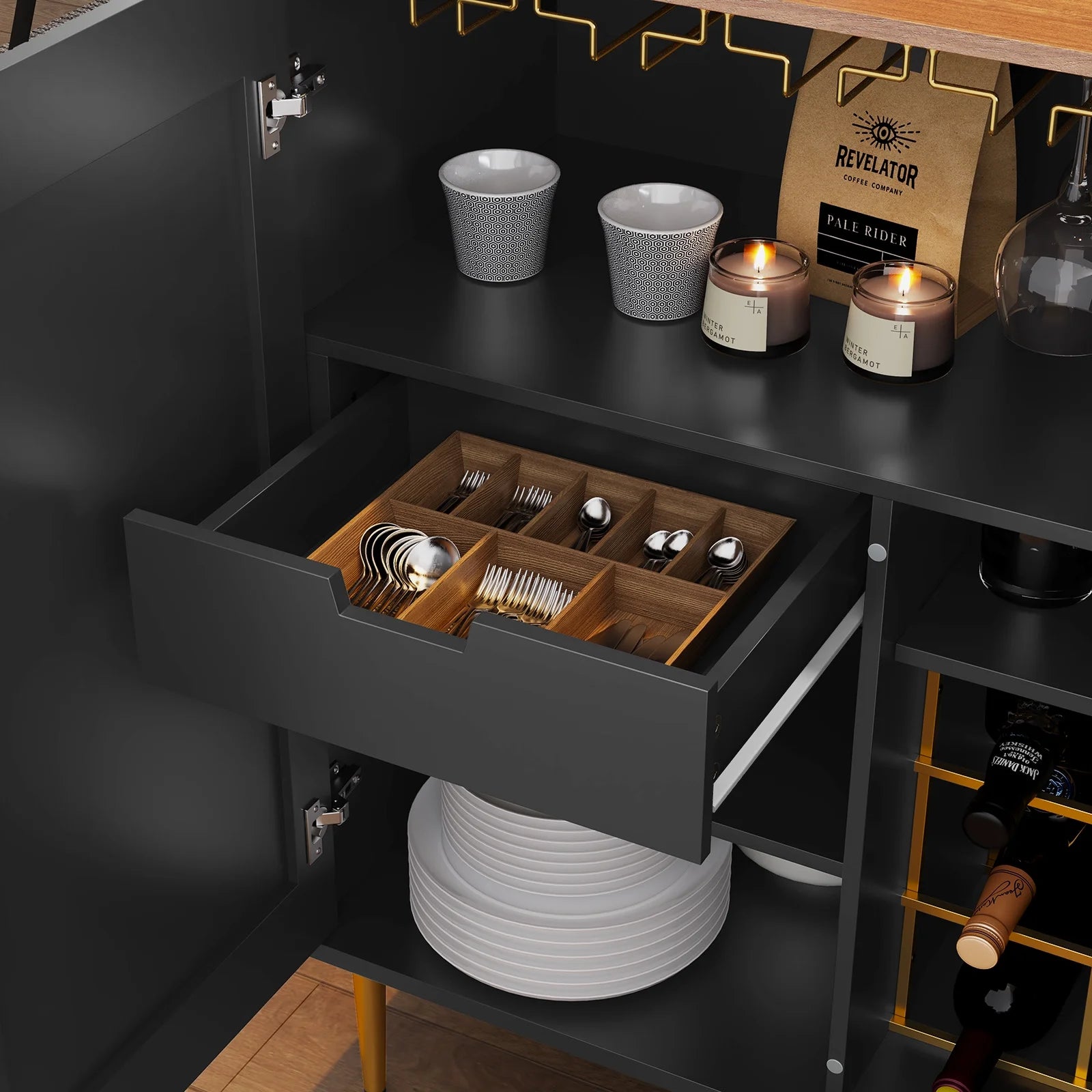 CBJCBJ 32" Wine Bar Cabinet with 2 Door Fluted Texture, Modern Coffee Cabinet with Rack& Glass Holder, Black