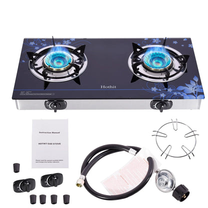 Hothit Portable 2 Burner Propane Stove Gas Cooktop Tempered Glass 28600 BTU,Black