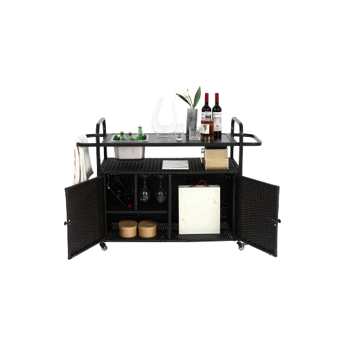 Yiweny Outdoor Rolling Wicker Bar Cart, Large Portable Outdoor Wicker Bar Table with Cabinet Storage and Glass Countertop, Patio Wicker Serving Bar Cart for Pool, Party, Backyard, Black
