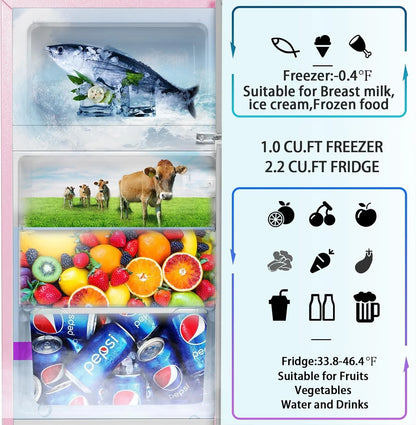 Kcpolre Pink Mini Fridge with Freezer 3.2 Cu.ft Refrigerators, Adjustable Glass Shelves, Quiet Dual Door Dorm Fridge for Bedroom, College, Office