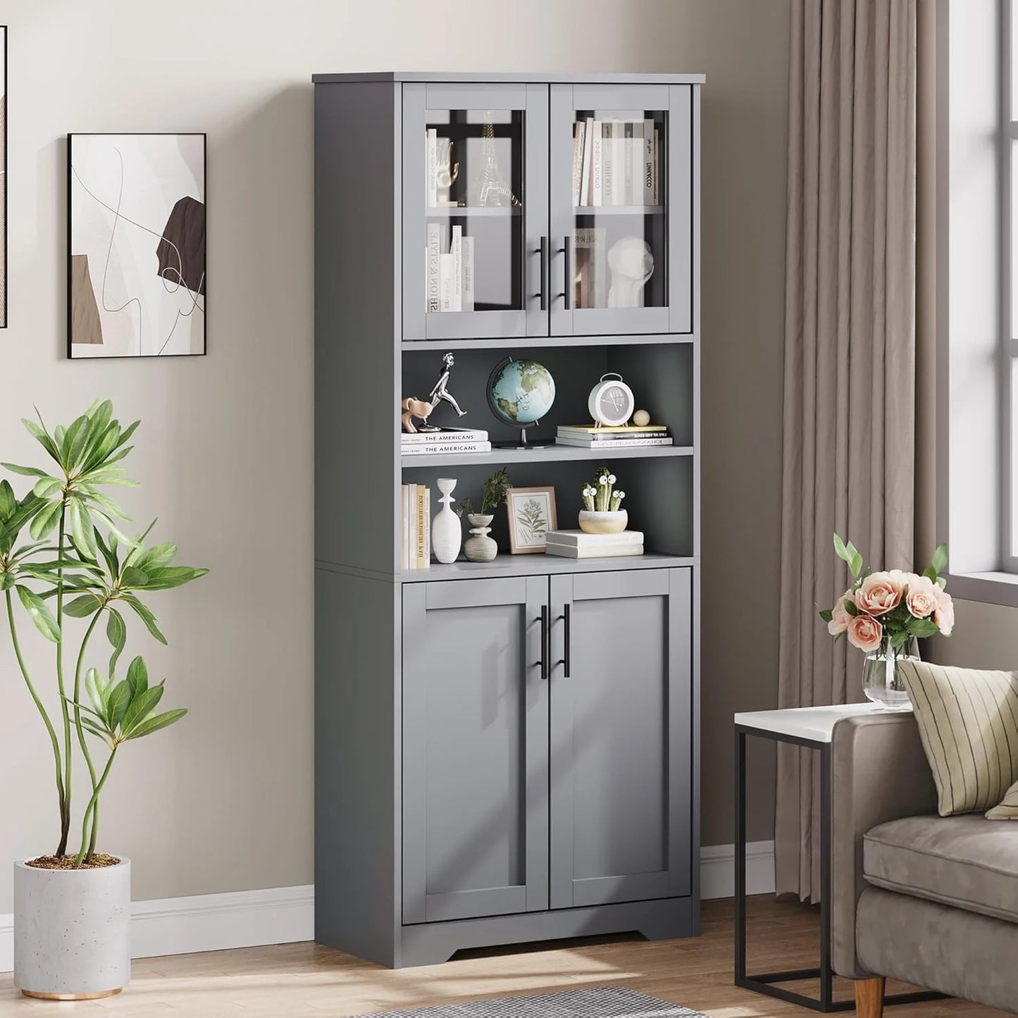 Studyset Tall Bathroom Cabinet, Freestanding Bathroom Storage Cabinet with Glass Doors and Adjustable Shelves, 67" Cupboard Modern Storage Cabinet for Kitchen, Pantry, Living Room