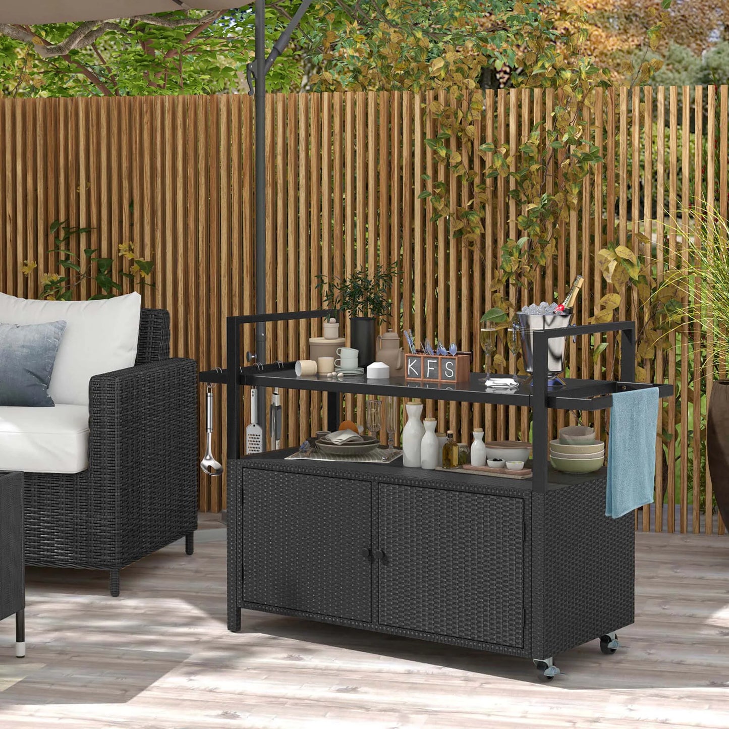 Costway Outdoor Bar Cart with Tempered Glass Top Storage Cabinet & 8 Hooks for Porch