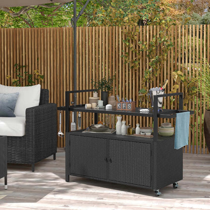 Costway Outdoor Bar Cart with Tempered Glass Top Storage Cabinet & 8 Hooks for Porch