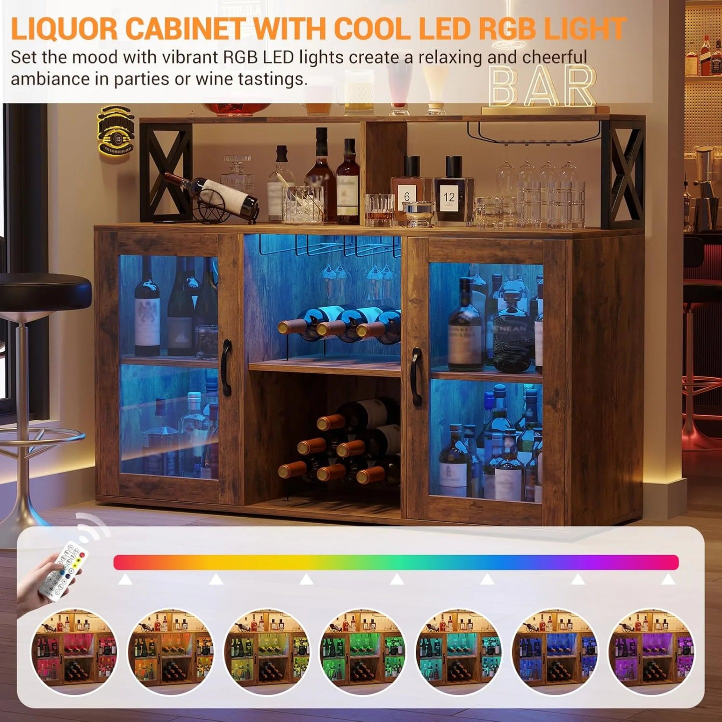 Home Wine Bar Cabinet with LED Light, Industry Coffee Bar Cabinet with Wine Rack, Glass Holder, and Power Outlets, Kitchen Sideboard Buffet Cabinet for Living Room Dining Room
