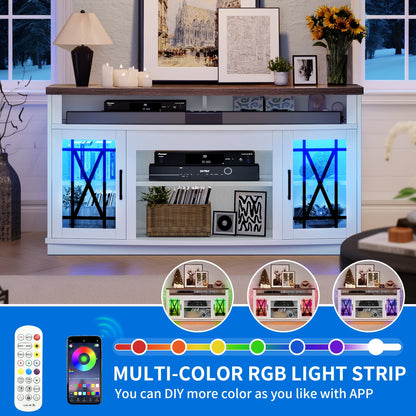 Dextrus TV Stand with LED Lights for TVs up to 70", Entertainment Center Media Console Cabinet with Glass Door, Rustic Gray
