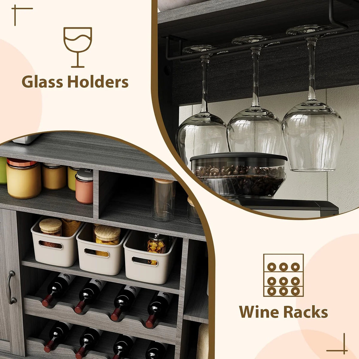Ataucjin Farmhouse Coffee Bar Cabinet with Wine Rack,47''Coffee Bar Station with Power Outlet & Goblet Holder,Hutch Storage Cabinet with Glass Racks & 5 Hooks Sideboard Cabinets for Dining Living Room