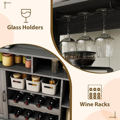 Ataucjin Farmhouse Coffee Bar Cabinet with Wine Rack,47''Coffee Bar Station with Power Outlet & Goblet Holder,Hutch Storage Cabinet with Glass Racks & 5 Hooks Sideboard Cabinets for Dining Living Room