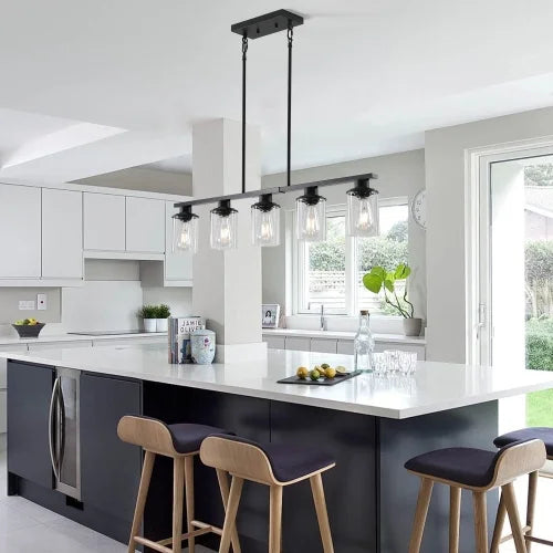 ACE-LIGHTS,Modern Industrial 5-Light Chandelier with Clear Glass Shades(Bulbs Not Included),Hanging Ceiling Light Fixture for Living Room,Dining Room,Kitchen Island(Black)
