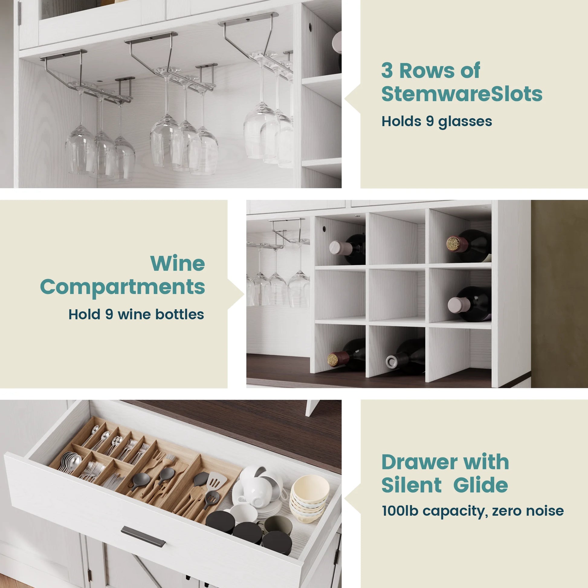 ANCTOR Kitchen Pantry Storage Cabinet with Glass Door, Kitchen Hutch Buffet Cabinet with Drawer, Power Outlet, Wine Rack
