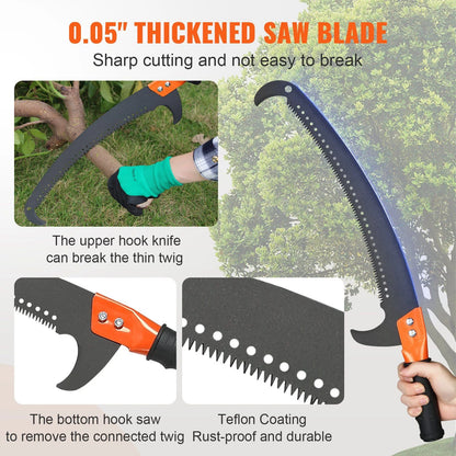 Extendable Manual Pole Saw 7.3-27 ft, Tree Pruner with Sharp Steel Blade and Scissors, Lightweight Fiberglass Pole for Trimming High Branches on Palms and Shrubs
