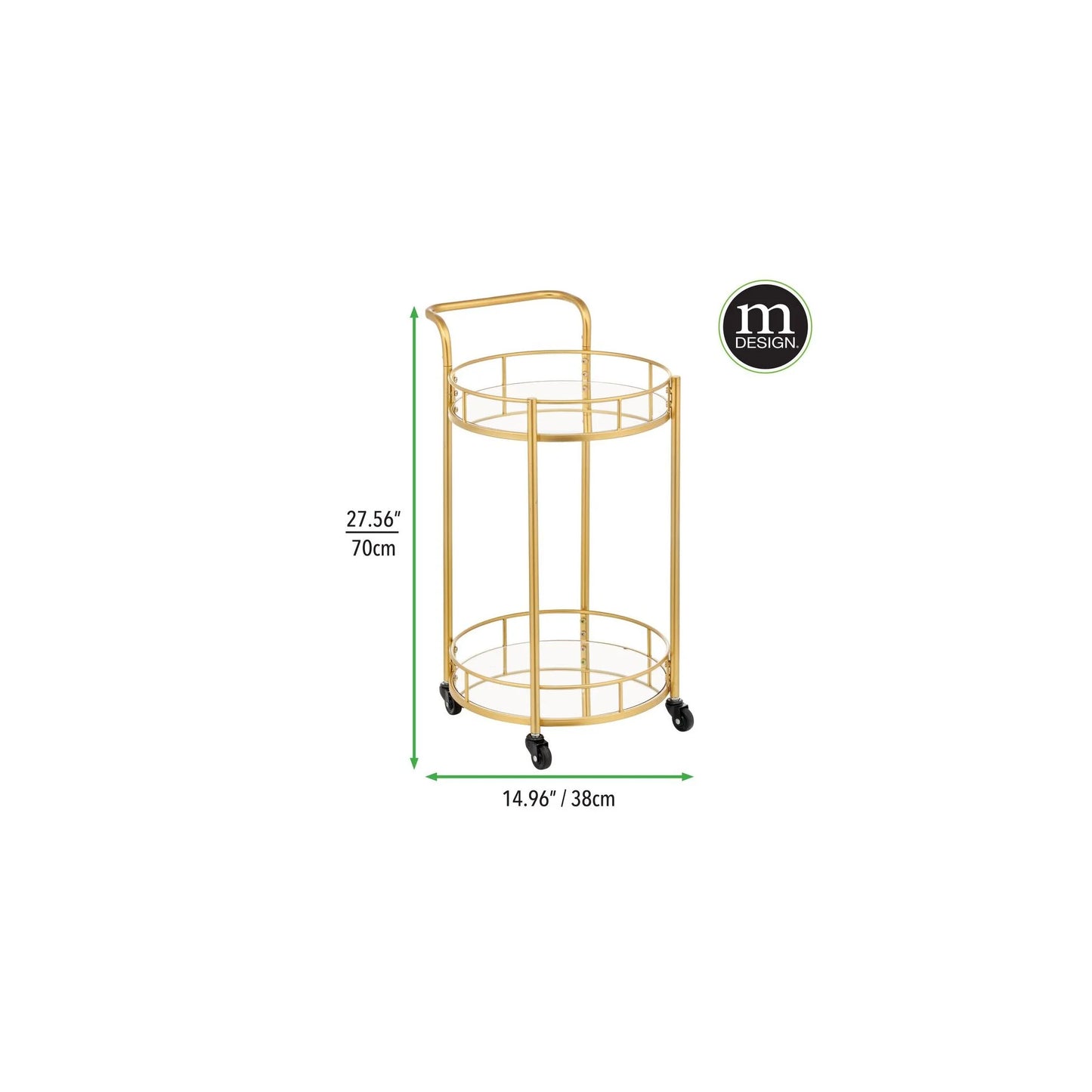 mDesign Metal Vintage Round Beverage Rolling Cart for Home - 2-Tier Serving Bar Trolley with Easy-Glide, Rotating Wheels, Built-in Handle, and Glass Shelves for Wine and Craft Beer - Black Round
