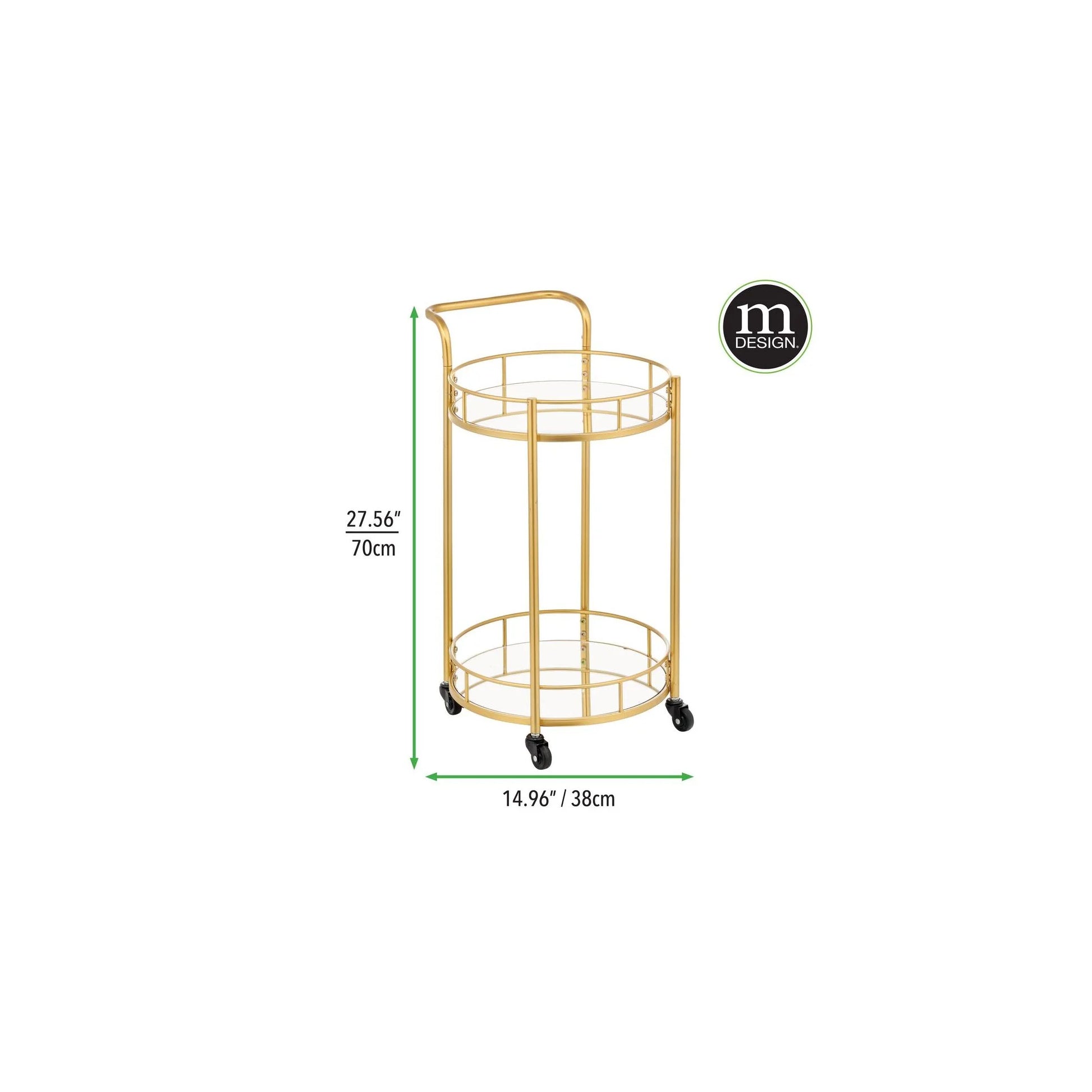 mDesign Metal Vintage Round Beverage Rolling Cart for Home - 2-Tier Serving Bar Trolley with Easy-Glide, Rotating Wheels, Built-in Handle, and Glass Shelves for Wine and Craft Beer - Black Round