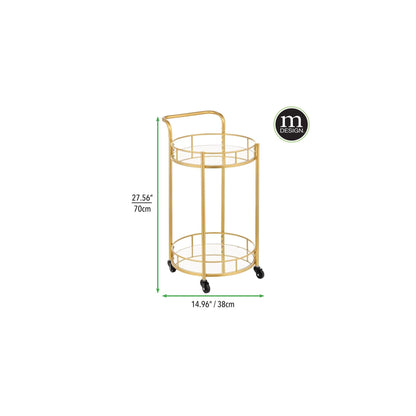 mDesign Metal Vintage Round Beverage Rolling Cart for Home - 2-Tier Serving Bar Trolley with Easy-Glide, Rotating Wheels, Built-in Handle, and Glass Shelves for Wine and Craft Beer - Black Round