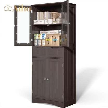 Aiho 67" Kitchen Pantry Storage Cabinet, Pantry Storage Cabinet with 2 Drawers and Glass Doors for Kitchen, Dining Room - White