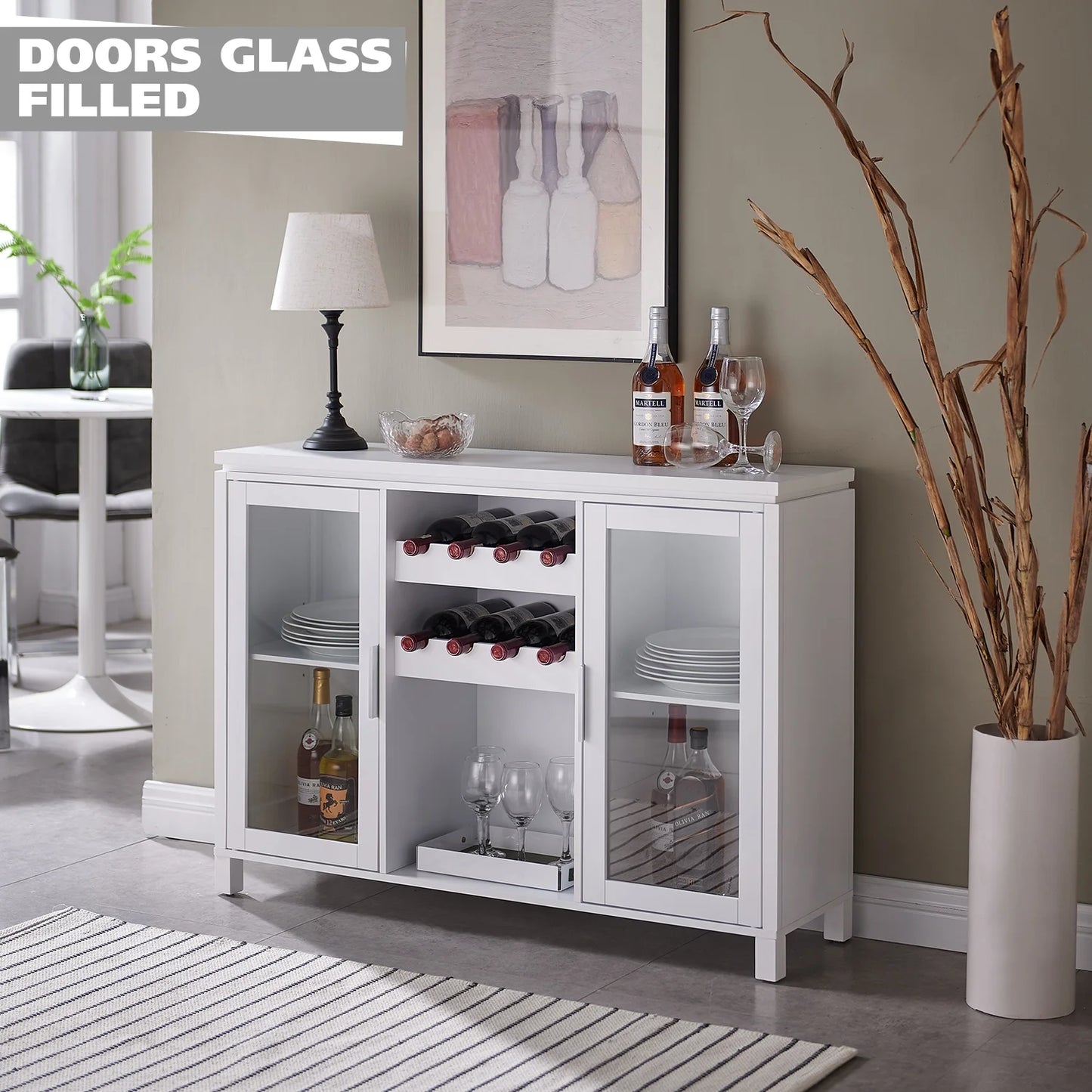 Kings Brand Furniture - Wine Bar Storage Cabinet, Sideboard Buffet with Wine and Glass Rack for Kitchen, Living Room, Dining Room (White)