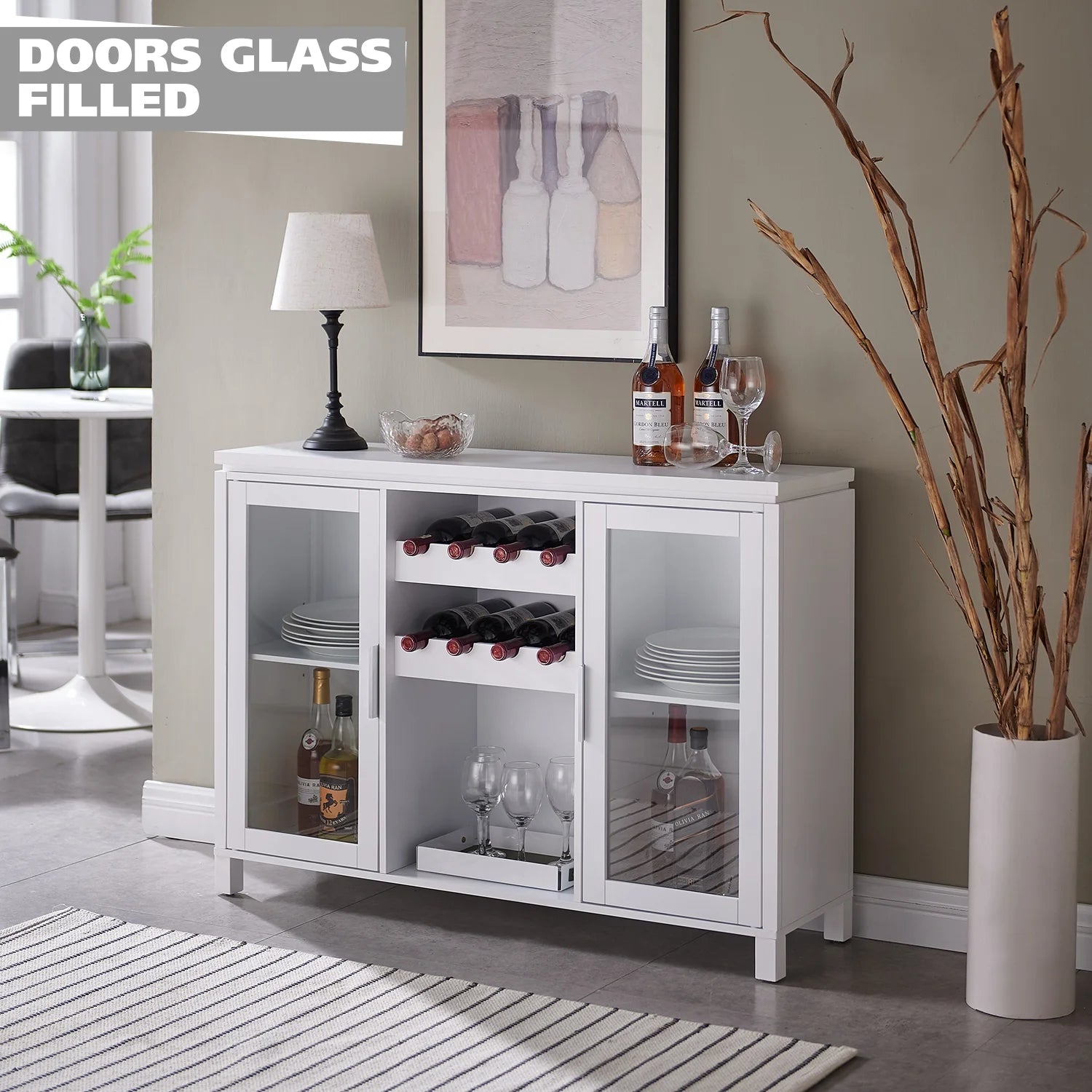 Kings Brand Furniture - Wine Bar Storage Cabinet, Sideboard Buffet with Wine and Glass Rack for Kitchen, Living Room, Dining Room (White)