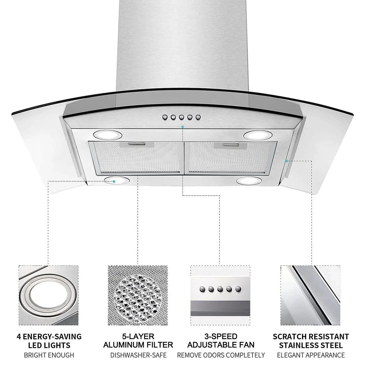30 inch Island Mount Range Hood 900CFM Tempered Glass 3-Speed Vent Hood Stainless Steel Dishwasher
