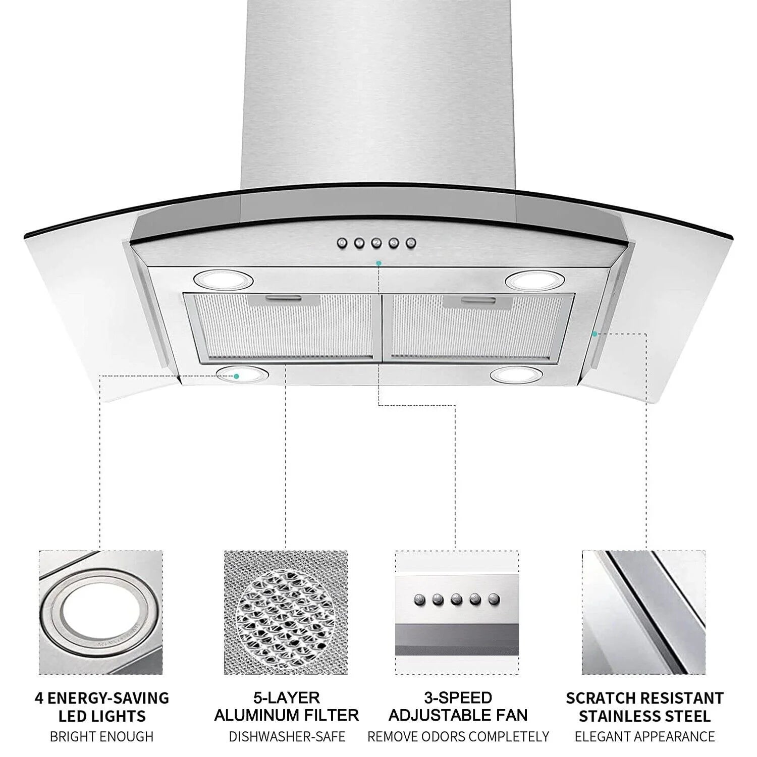 30 inch Island Mount Range Hood 900CFM Tempered Glass 3-Speed Vent Hood Stainless Steel Dishwasher