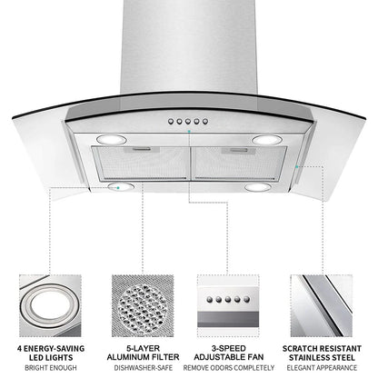 30 inch Island Mount Range Hood 900CFM Tempered Glass 3-Speed Vent Hood Stainless Steel Dishwasher