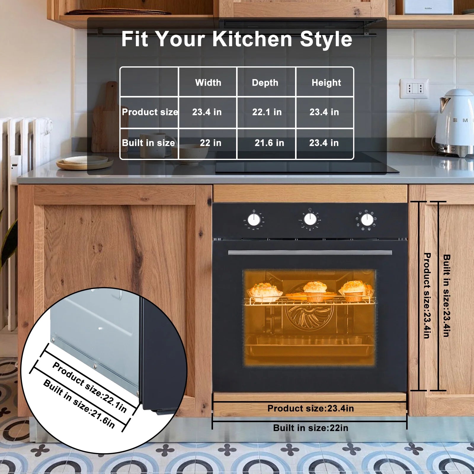 24''Electric Single Wall Oven, 2.5 CF Capacity, Built-in Single Wall Oven with Air Frying 5 Cooking Functions, Double-Layered Glass Door, Mechanical Knobs,Ideal for Kitchen Oven(Black)