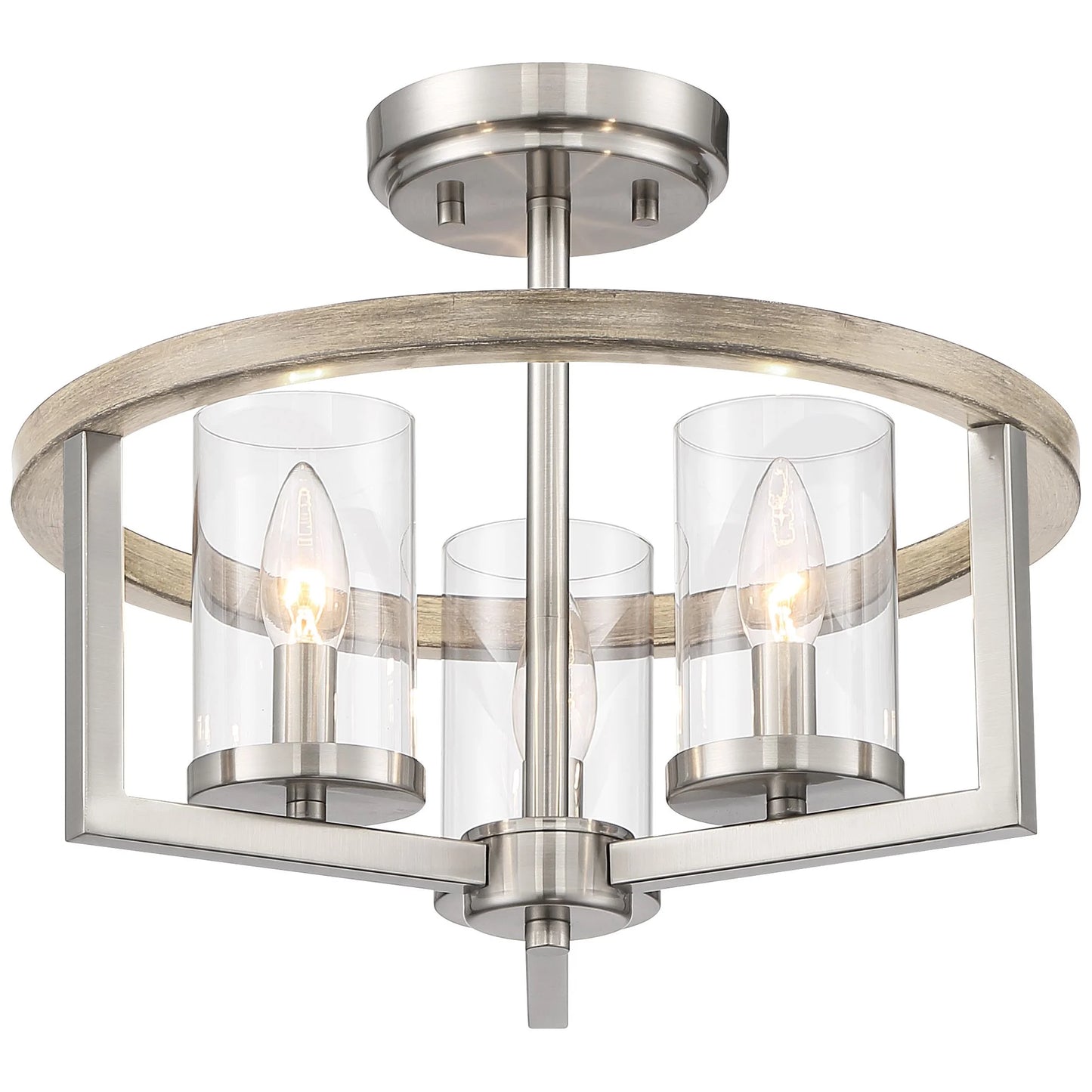 Possini Euro Design Senna Modern Industrial Ceiling Light Semi Flush Mount Fixture 15" Wide Brushed Nickel Gray Wood 3-Light Clear Glass for Bedroom