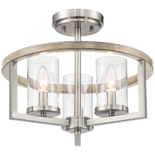 Possini Euro Design Senna Modern Industrial Ceiling Light Semi Flush Mount Fixture 15" Wide Brushed Nickel Gray Wood 3-Light Clear Glass for Bedroom