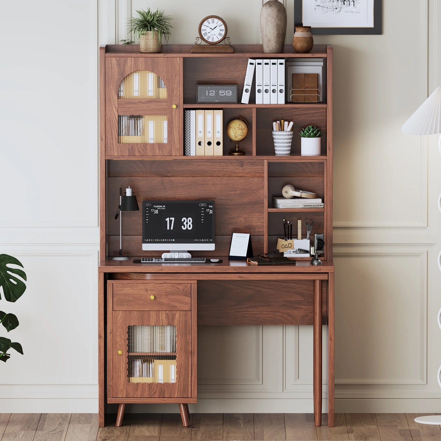 43'' Computer Desk with 90 Degree Rotating Desktop, L-Shaped Home Office Desk with Hutch and Drawer, Writing Desk with Storage Cabinet and Glass Doors for Bedroom Living Room, Walnut