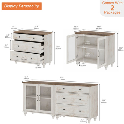 TV Stand for 75-Inch TVs, Wooden TV Cabinet Entertainment Center Television Stands for Living Room, 2-in-1 Sideboard Buffet Cabinet with Glass Door & Drawer for Kitchen, Rustic White