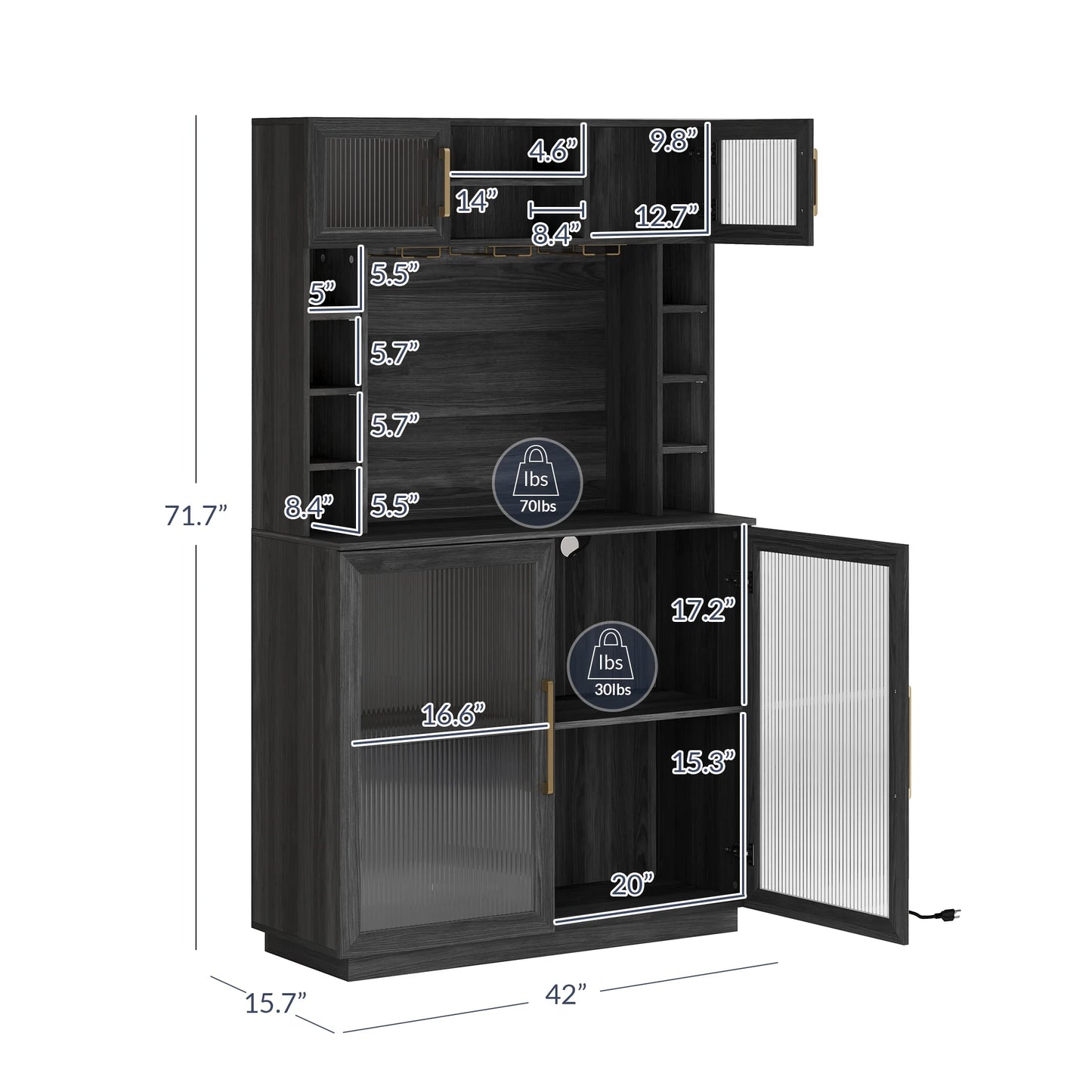 BELLEZE Coffee Wine Bar Cabinet with Power Outlet, 72" Rustic Liquor Cabinet, Tall Buffet Cabinet with Storage Kitchen Pantry Cupboard Wine& Glasses Rack Server with Hutch for Home Dining Room, Ebony