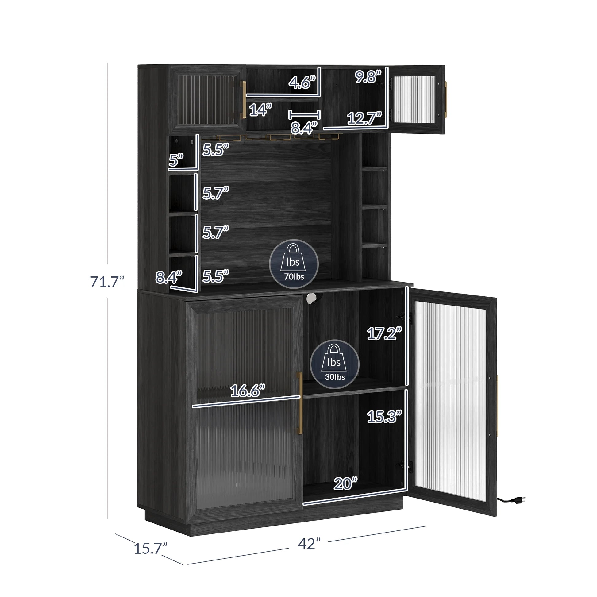 BELLEZE Coffee Wine Bar Cabinet with Power Outlet, 72" Rustic Liquor Cabinet, Tall Buffet Cabinet with Storage Kitchen Pantry Cupboard Wine& Glasses Rack Server with Hutch for Home Dining Room, Ebony