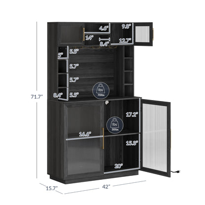 BELLEZE Coffee Wine Bar Cabinet with Power Outlet, 72" Rustic Liquor Cabinet, Tall Buffet Cabinet with Storage Kitchen Pantry Cupboard Wine& Glasses Rack Server with Hutch for Home Dining Room, Ebony