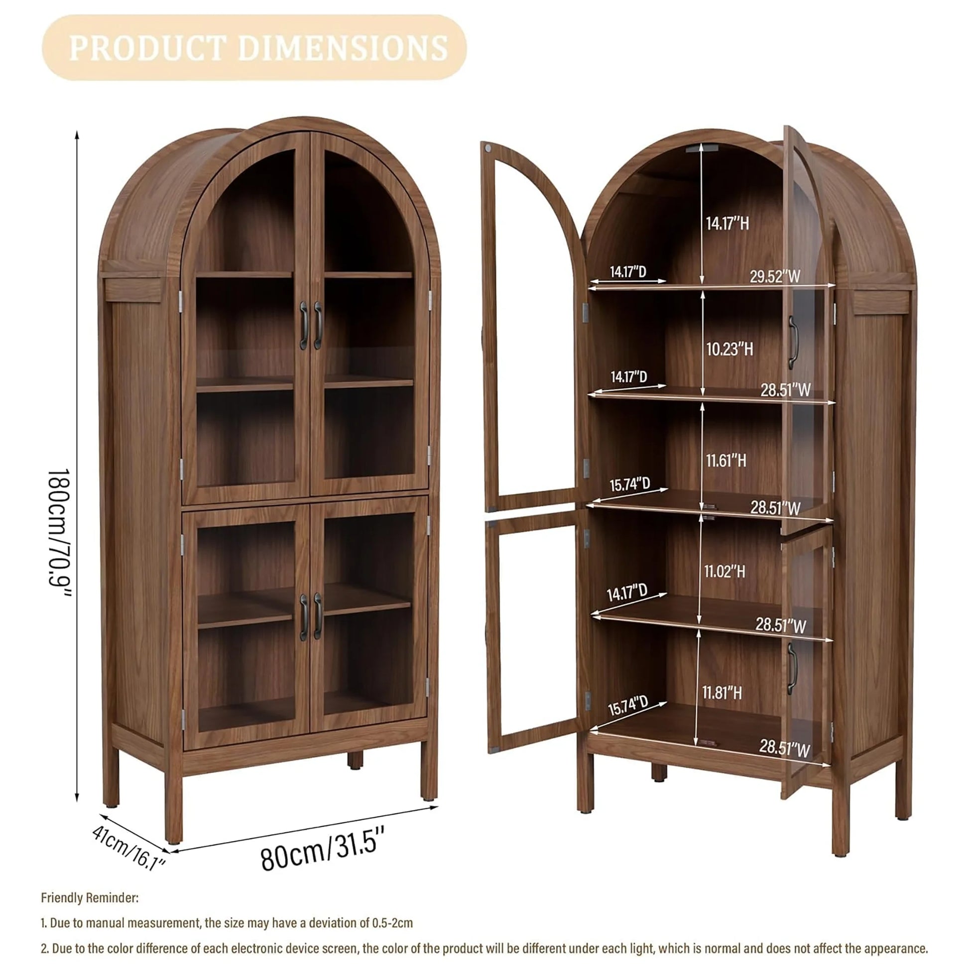 Tall Arched Storage Display Cabinet 5-Shelf with Acrylic Glass Doors, Kitchen Pantry Storage Cabinet Accent Cabinet Bookcase for Living Dining Room