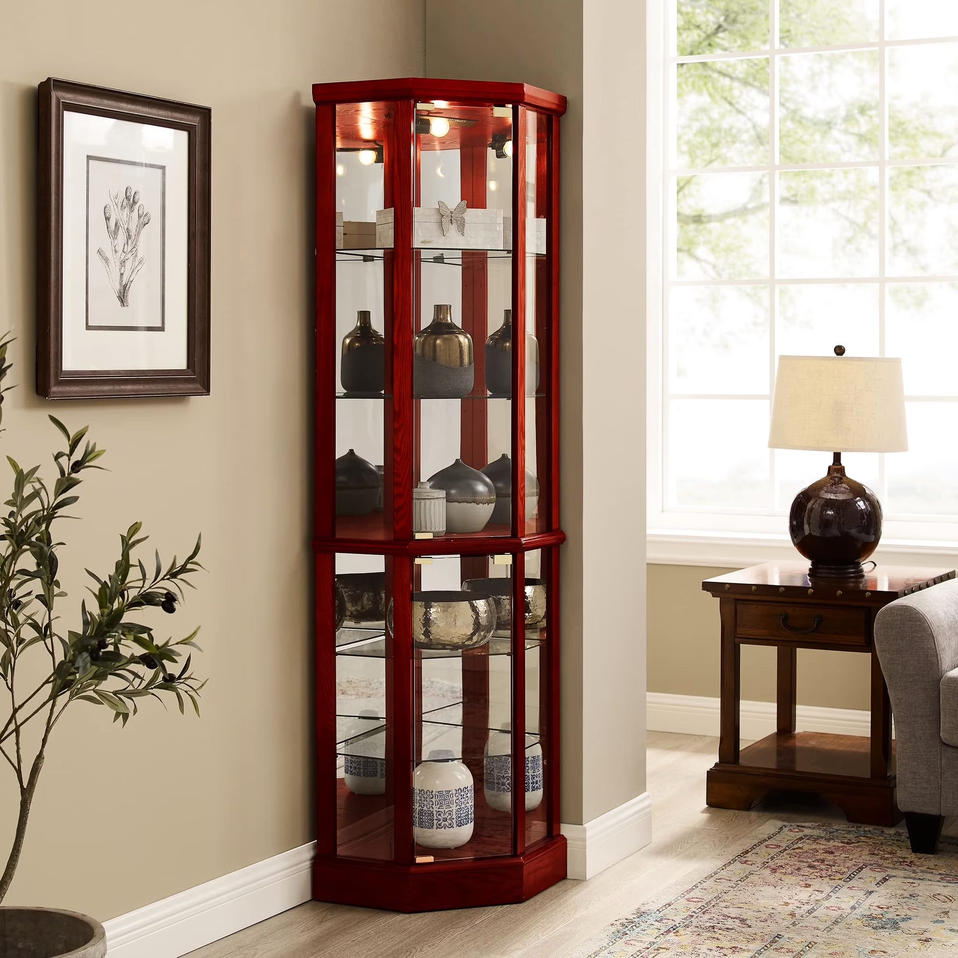 Walnut Cabinet With 6 Shelves, Adjustable Glass & Mirrored Back Design Shelf Lighted Corner Curio Shelves In